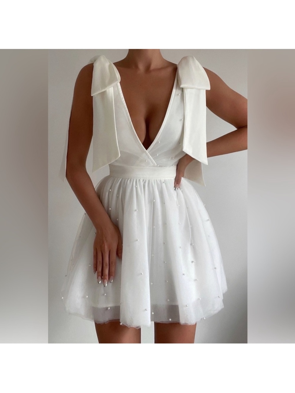 Showpo Karalyn mini dress- bow strap plunge pearl detail size 6
